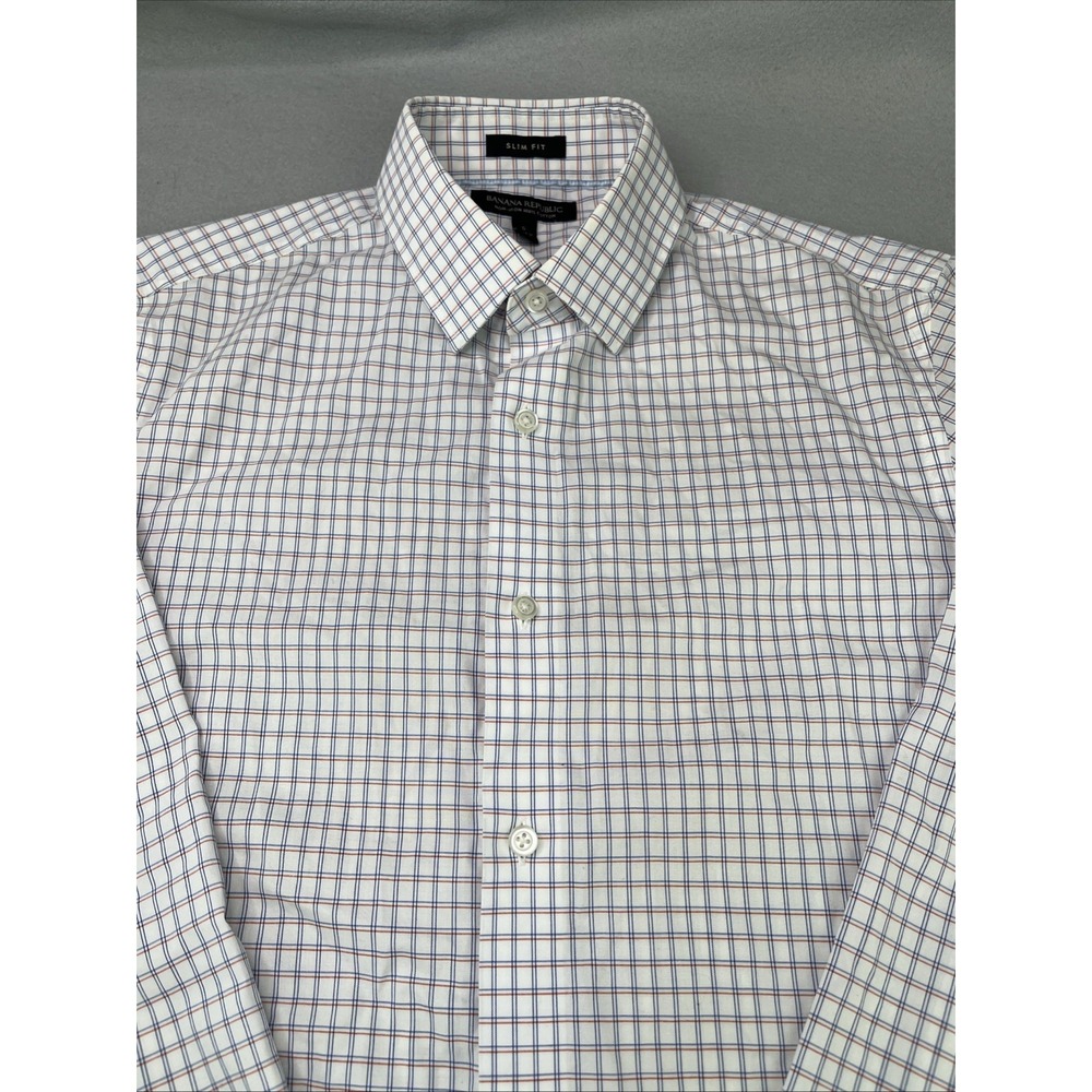 Banana Republic Dress Shirt Mens Small Blue Check Tailored Slim Fit Non Iron LS - Picture 6 of 16